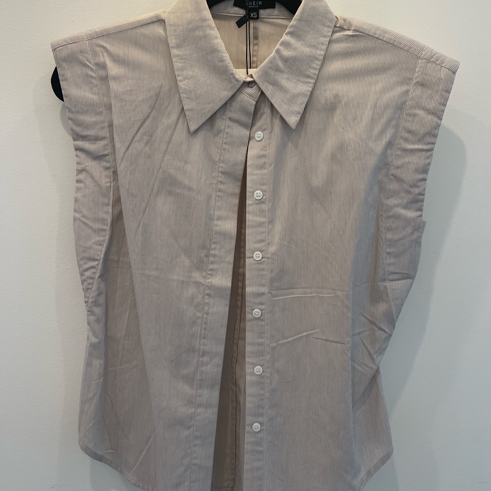 Sleeveless Beige Button-Up Shirt